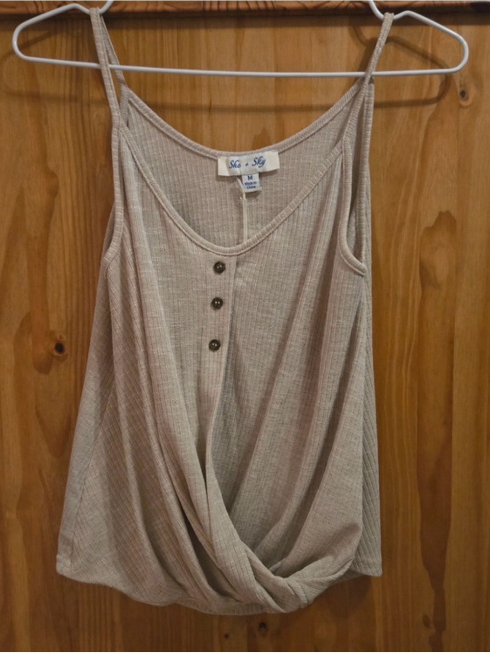 She + Sky Beige Twist-Hem Ribbed Camisole